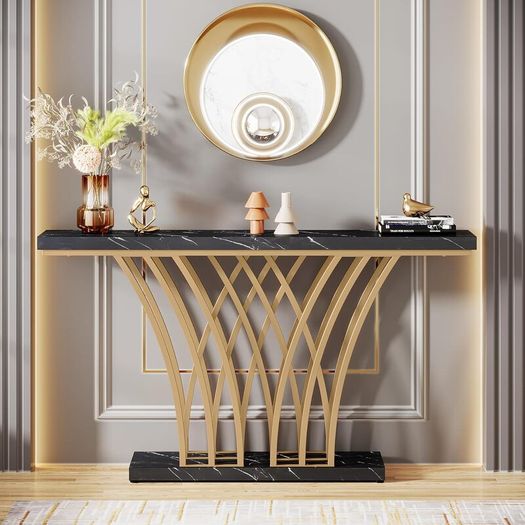 Gold Console Table, 150 x 29.5 x 80 with Lattice Metal Base for Entrance,