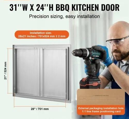 BBQ Access Door, 787x609 mm Double Outdoor Kitchen Door, Stainless Steel Flush Mount Door, Wall Vertical Door with Recessed Handles , for BBQ Island, Grilling Station, Outside Cabinet