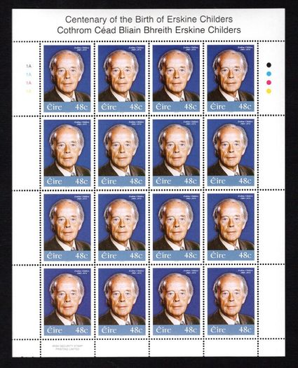 2005 Ireland Erskine Childers Commemorative Sheetlet Plate 1A1A1A1A Mint Never Hinged (MNH)