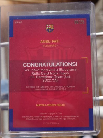 Ansu Fati Patch MATCH WORN RELIC Parallel /25 Topps FC Barcelona Team Set 2023