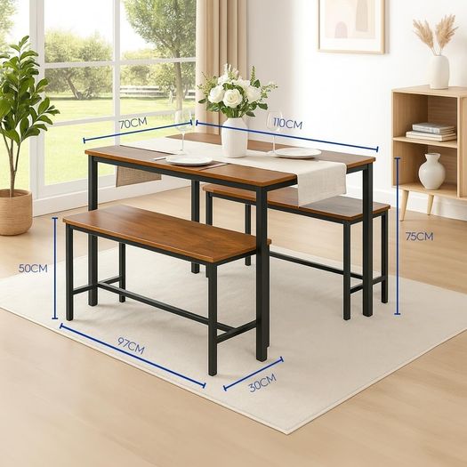 4 Seater Compact Dining Set - Brown & Black Table with 2 Benches - Small Space Saving Kitchen Dining Furniture with Wood Finish & Metal Frame for Modern Homes