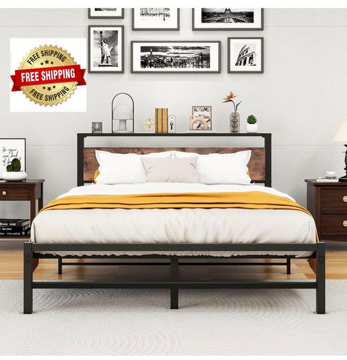 King Size Bed Frame with Headboard,Metal Bed 150x200 cm,Brown No Box Spring Needed,Steel Slats Mattress Foundation Square Pipe Design Noise Free Black+Brown
