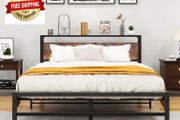 King Size Bed Frame with Headboard,Metal Bed 150x200 cm,Brown No Box Spring Needed,Steel Slats Mattress Foundation Square Pipe Design Noise Free Black+Brown