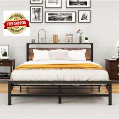 King Size Bed Frame with Headboard,Metal Bed 150x200 cm,Brown No Box Spring Needed,Steel Slats Mattress Foundation Square Pipe Design Noise Free Black+Brown