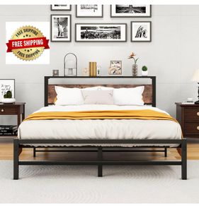 King Size Bed Frame with Headboard,Metal Bed 150x200 cm,Brown No Box Spring Needed,Steel Slats Mattress Foundation Square Pipe Design Noise Free Black+Brown