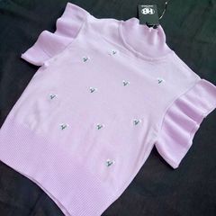 Heartbreak floral embroidered high neck knitted jumper with short sleeve in lilac size 14