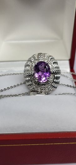 Sterling silver Victorian Shield Inspired Moroccan Amethyst , White Zircon Pendant with Chain (Size 20) in Rhodium Sterling Silver 1.880 Ct.