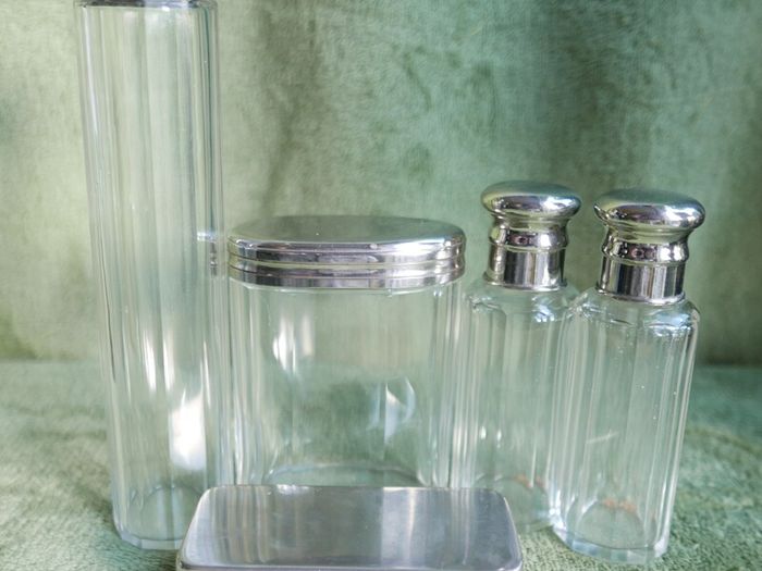 Antique Edwardian 1800s Set 5  Apothecary Bottles Ground-Glass Stoppers, Glass Vanity Pin Bottles Jars
