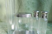 Antique Edwardian 1800s Set 5  Apothecary Bottles Ground-Glass Stoppers, Glass Vanity Pin Bottles Jars
