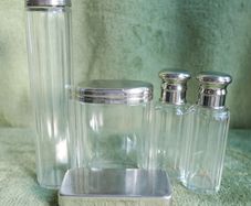 Antique Edwardian 1800s Set 5  Apothecary Bottles Ground-Glass Stoppers, Glass Vanity Pin Bottles Jars