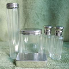 Antique Edwardian 1800s Set 5  Apothecary Bottles Ground-Glass Stoppers, Glass Vanity Pin Bottles Jars