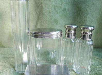 Antique Edwardian 1800s Set 5  Apothecary Bottles Ground-Glass Stoppers, Glass Vanity Pin Bottles Jars