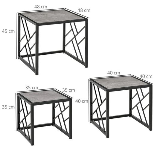 Set of 3 Nest of Tables Square Side Tables with Metal Frame, Grey (FREE POSTAGE)