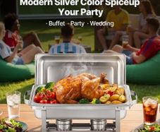 Features & Details Elegant Silver Finish: The modern silver color of this chafing dish warmer adds a sophisticated touch to any event. Whether it's a buffet, party, or wedding, this sleek design enhances your table setting and elevates the atmosphere 