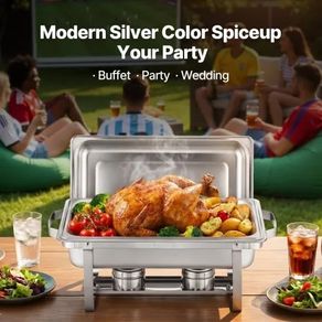 Features & Details Elegant Silver Finish: The modern silver color of this chafing dish warmer adds a sophisticated touch to any event. Whether it's a buffet, party, or wedding, this sleek design enhances your table setting and elevates the atmosphere 