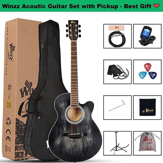 Black Acoustic Guitar for Beginners, Acoutic Steel-string Guitar Adults, Kids Guitar Folk Starter Kit for School with Unique Color Design (FREE SHIPPING)