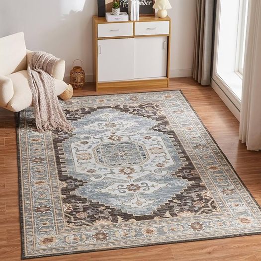 Washable Rugs Living Room Boho Rug for Bedroom Anti Slip Rugs Classic Large Rugs for Living Room Vintage Area Rugs Soft Short Pile Rug Washable Rugs Vintage 80x150CM Blue