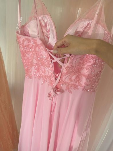 Blush Pink Deep V-Neck Beaded Sequin Lace-Up Chiffon Evening Gown