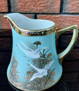 Nippon Vintage Flying Geese Jewel Moriage Aqua Creamer/Milk Jug