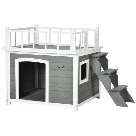 Dog House, Rooftop Terrace, Stairs, Window, Ground Clearance, Natural Wood, Light Gray, 121 x 77 x 78cm