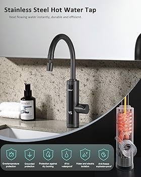 Electric Hot Water Tap with Universal Nozzle, Instant Heating Tap for Kitchen, Stainless Steel Water Heater Tap Supply Hot and Cold Water Faucet with Digital Display (Stainless Steel Gooseneck)