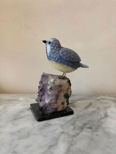 Hand-Carved Blue Tit on Raw Amethyst Cluster Base