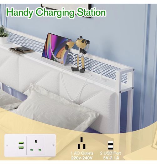 Floating King Metal Bed Frame with LED Lights & USB Charging Station, 150x200cmMetal