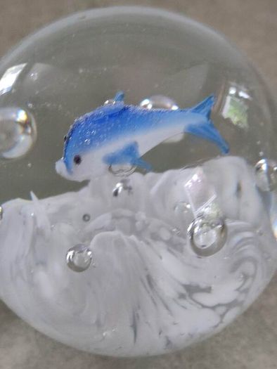Vintage Art Glass Round Aquarium Paperweight with Bubbles and one Blue Dolphins
