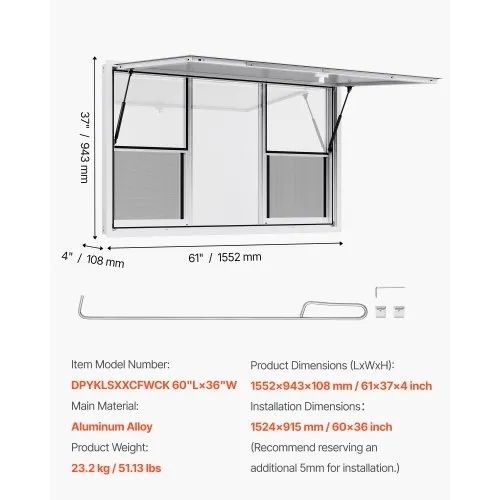 Concession Window 152x92 cm, Aluminum Alloy Service Window for Food Truck, Up to 85 Degrees Stand Serving Window with 6 Sliding Windows