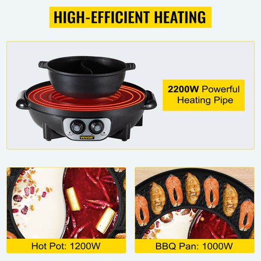 BRAND NEW 2 in 1 Electric Hot Pot BBQ Grill 2200W Multifunction Portable Home Non-Stick Split Pot Smokeless Skillet Barbecue Pan