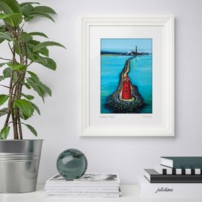 Drone View Poolbeg Lighthouse, Dublin. Lovely White Frame. By artist Helen Mathews.