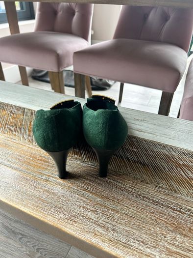 Vintage Christian Dior green heels with gold buckle