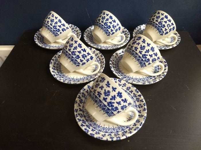 Vintage Blue and White Transferware Set of Six Espresso/Demi-Tasse Duos by English Ironstone Tableware