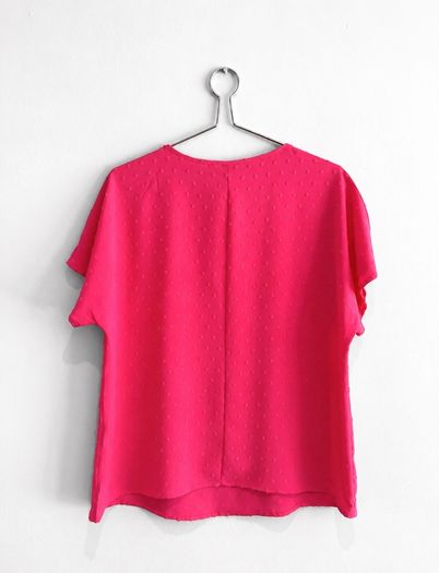 Pre Owned Bright Pink Swiss Dot V-Neck Short Sleeve Blouse