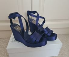Navy satin wedge sandals