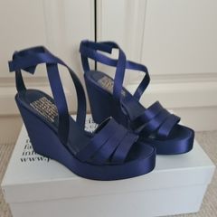 Navy satin wedge sandals