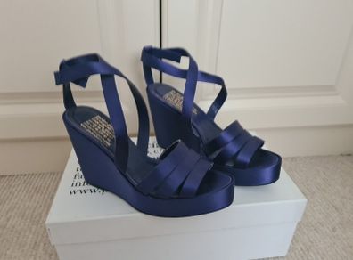 Navy satin wedge sandals