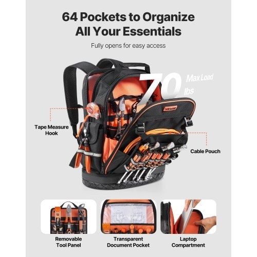 Tool Backpack, 64 Pockets, Heavy-duty Tools Storage Organizer Work Bags with Laptop Compartment & Molded Base, Electrician Jobsite Backpack for Electrician, Repairman, and HVAC Techs