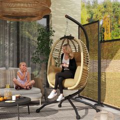 Hanging egg chair foldable swing with cushion and stand indoor outdoor 110 x 100 x 188 cm beige