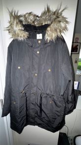 Tu Woman Black Drawstring Parka Coat with Brown Fluffy Hood and Gold Buttons