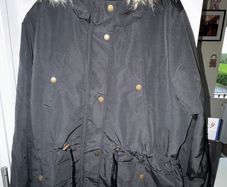 Tu Woman Black Drawstring Parka Coat with Brown Fluffy Hood and Gold Buttons
