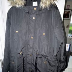 Tu Woman Black Drawstring Parka Coat with Brown Fluffy Hood and Gold Buttons