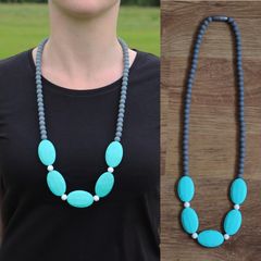 Grey, turquoise and white teething necklace for babies and parents.