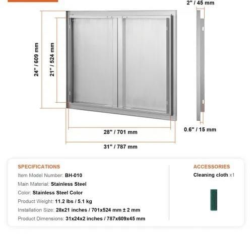 BBQ Access Door, 787x609 mm Double Outdoor Kitchen Door, Stainless Steel Flush Mount Door, Wall Vertical Door with Recessed Handles , for BBQ Island, Grilling Station, Outside Cabinet