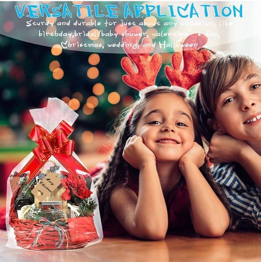 20Pcs Cellophane Basket Bags, 14X20in Clear Hamper Wrap Bag with Pull Bow Blank Hangtag & Twist Ties, Large Present Bags Set for Gift Packaging Arts Crafts Toys Fruit Christmas Making (FREE POSTAGE)