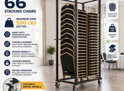Heavy Duty Chair Trolley Holds Up to 66 Stacking Chairs Commercial Steel Storage Cart with Lockable Wheels