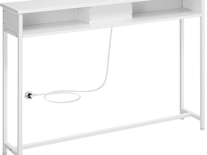 Console Table With Charging Station, Slim Console Table for Hallway, Narrow Table With 2 Compartments, Space-Saving, 25 x 120 x 81 cm, for Living Room, Snow White