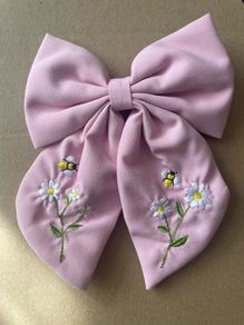 Pink Embroidered Bee & Daisy Hair Bow