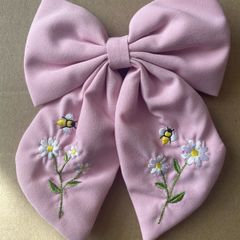 Pink Embroidered Bee & Daisy Hair Bow