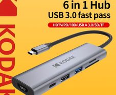 6in 1 Kodak-USB Type-C Adapter to HDTV-compatible PD Multi-splitter, 4K, 30Hz, T342 USB Hub 3.0, TF, SD, MacBook Multi-Converter